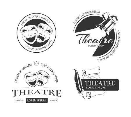 Vintage vector theatre labels, emblems, badges and logo. Classical theatrical mask, spotlight theatre, performance theatre  sign, emblem theatre illustrationのイラスト素材