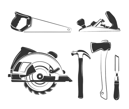 Vector elements for carpentry labels, logos, badges and emblems. Carpentry equipment, tool, carpentry, woodworking carpentry illustrationのイラスト素材