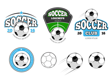 European football, soccer vector labels, emblems, logos and badges. Sport soccer, ball for football soccer, team soccer, game football, play football illustrationのイラスト素材