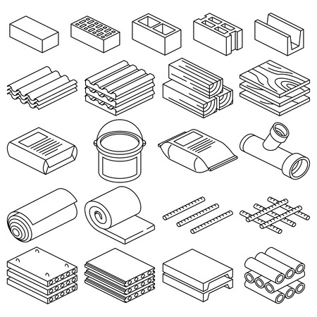 Building and construction materials linear icons. Construction building material, cement material and brick material illustrationのイラスト素材