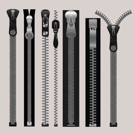 Vector zippers, fastener vector set. Fashion fastener, zippers for cloth, zipper metal, connection zippers illustrationのイラスト素材
