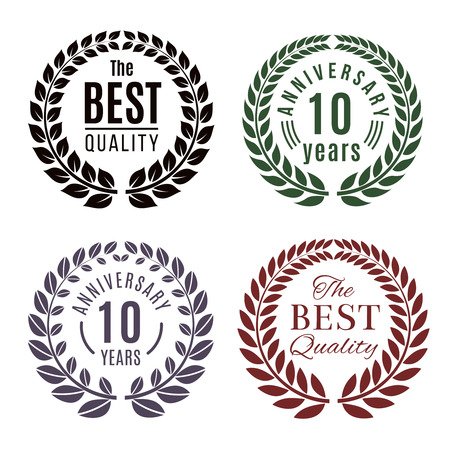 Anniversary and premium quality laurel wreath vector set. Laurel badge anniversary, insignia laurel wreath, premium laurel wreath illustrationのイラスト素材