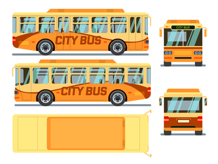Urban, city bus in different view positions. City urban bus, transport bus, public bus. Vector illustrationのイラスト素材