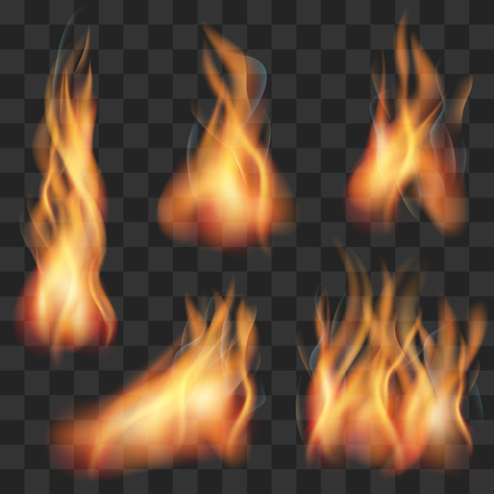 Vector realistic transparent fire flame set. Fire hot, flame fire, blaze fire illustrationのイラスト素材