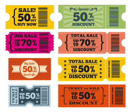 Sale tickets vector set. Tag sale, label sale, coupon sale, discount sale illustrationのイラスト素材