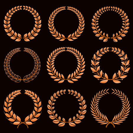 Winner labels with gold laurel wreaths vector set. Laurel sport winner, branch wreath laurel trophy and triumph emblem illustrationのイラスト素材
