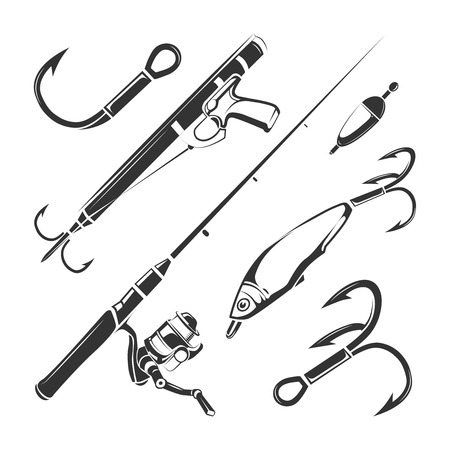 Vector elements for vintage fishing club vector labels, logos, emblems set. Fishing rod for sea or river catch fish and outfit for fishin illustrationのイラスト素材