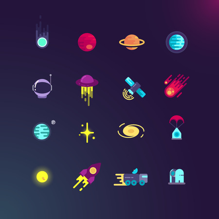 Space and vector flat icons set. Space rocket and planet, spaceship and satellite in universe, space rocket technology and comet illustrationのイラスト素材