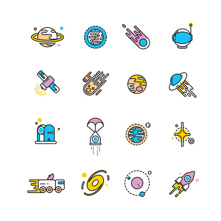 Cosmos exploration flat icons with planets and rockets. Exploration interstellar and icon set universe vehicle for exploration space. Vector illustrationのイラスト素材