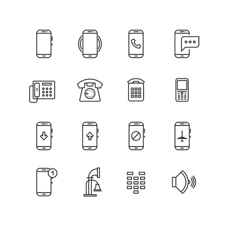 Phone, telephone, smartphone devices and communication vector line icons. Phone smartphone and mobile phone communication, device technology illustrationのイラスト素材