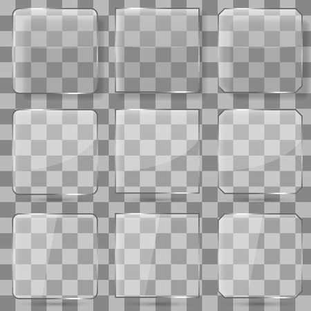 Glass square vector buttons for mobile applications. Glass frame glossy, transparent glass reflection illustrationのイラスト素材