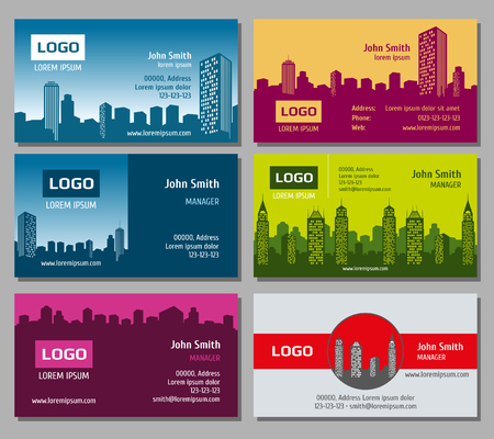 Real estate vector business card set. Card for business with building architecture and identity card with business house illustrationのイラスト素材