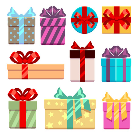 Gift boxes flat icons set. Gift box package or bag, box with ribbon for gift birthday. Vector illustrationのイラスト素材