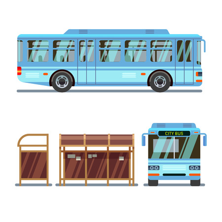 Bus stop and city bus. Stop for bus city, transport bus for passenger travel. Vector illustrationのイラスト素材