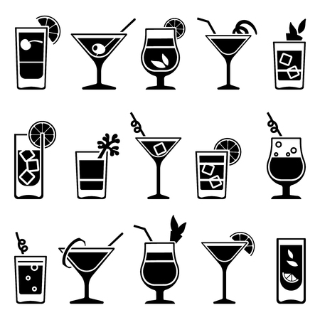Cocktails and drinks vector black icons. Drink cocktail alcohol and cocktail with straw and fruit illustrationのイラスト素材