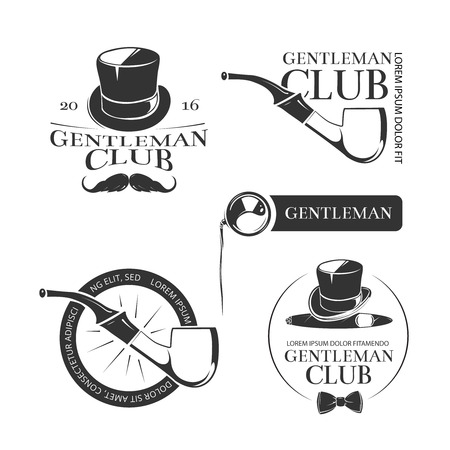 Retro gentleman club vector logos, emblems, labels, badges. Gentleman club logo and sign label or badge with hat for club gentleman illustrationのイラスト素材