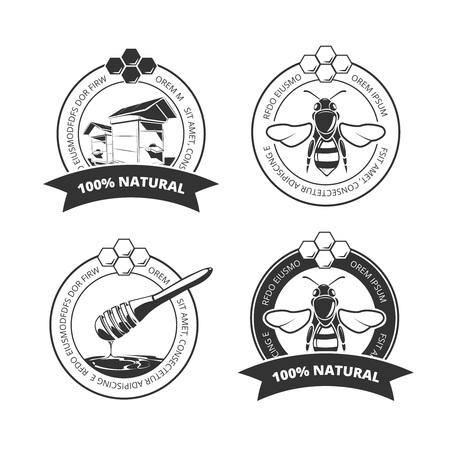 Vintage honey and bee vector labels, badges, emblems, logos set. Sweet honey emblem and organic honey farm label illustrationのイラスト素材
