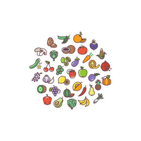 Fruit and vegetables organic flat icons in circle design. Avocado vegetable, fruit gooseberry, vegetable and fruit sign, vegetable and fruit vector illustrationのイラスト素材