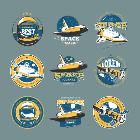 Vintage space and astronaut vector colored badges, emblems, logos, labels. Rocket space emblem, and shuttle space flight and travel illustrationのイラスト素材