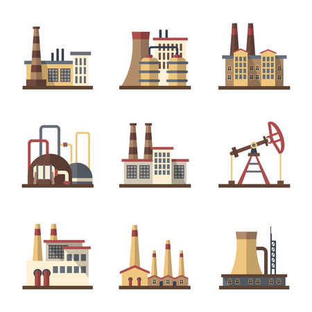 Factory industrial building and manufacturing plants vector flat icons. Factory building and plant industry construction, industrial and manufacturing factory illustrationのイラスト素材