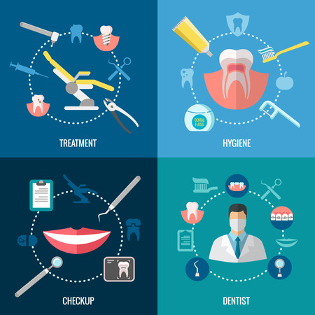 Teeth care. Dental services vector concepts set. Healthcare and prevention, prosthetics dental and stomatology dental tool illustrationのイラスト素材