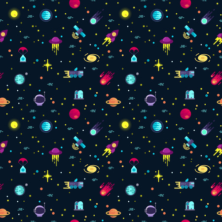 Space vector seamless pattern with planets and spaceships. Spaceship and planet pattern, moonwalker and asteroid backdropのイラスト素材