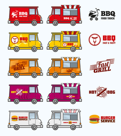 Food trucks vector set. Food car and lunch food service. Van restaurant transport illustrationのイラスト素材