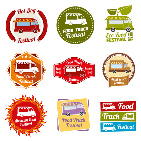 Car street food festival color labels set. Car food service labels. Van restaurant and mexican snack badges. Vector illustrationのイラスト素材