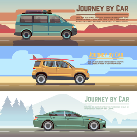 Trailering by car vector banners set. Car on road, auto holiday travel and car journey posterのイラスト素材