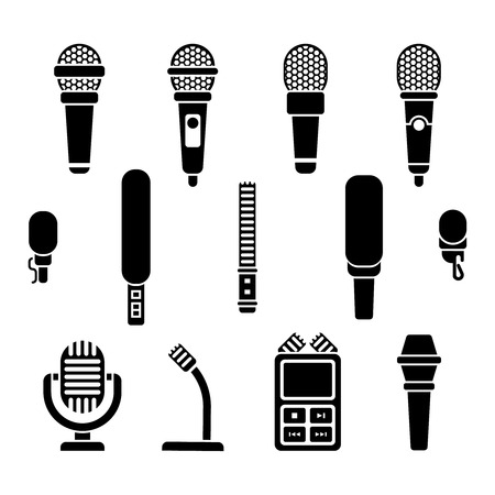 Microphone types black icons vector set. Microphone media sound and audio device microphone illustrationのイラスト素材