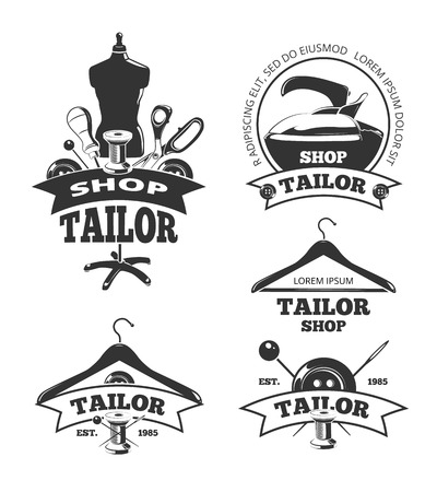 Vintage tailor vector labels or badges. Logos and emblems for craft tailor, handmade shopのイラスト素材