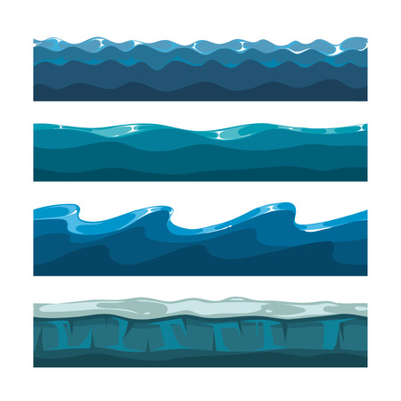 Cartoon ocean or sea waves vector patterns for computer games. Water waves horizontal seamless backgroundsのイラスト素材
