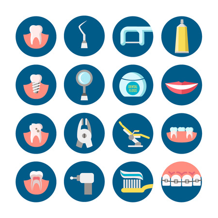 Dental clinic services flat vector icons. Health care dental and medicine tools for medical dental service illustrationのイラスト素材
