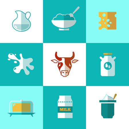 Flat milk and dairy products vector icons. Product made from milk, package container healthy milk for breakfast illustrationのイラスト素材