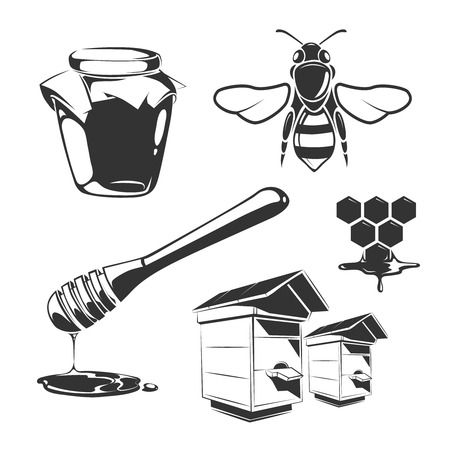 Vector elements for honey vintage labels. Honey natural food and sweet honey illustrationのイラスト素材