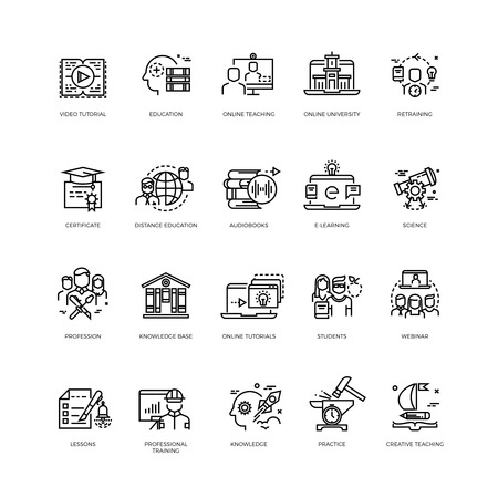 Video tutorials, training courses, online education vector line icons set. Education concept training and education science illustrationのイラスト素材