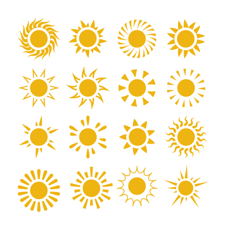 Yellow summer sun vector symbols. Sun set summer, sunburst and ray energy from sun star group illustrationのイラスト素材