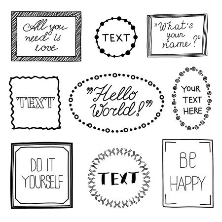 Hand drawn quote vintage vector frames. Doodle frame boxes, speech bubbles with text messages and commas. Frame vintage for text and doodle frame for message speech illustrationのイラスト素材