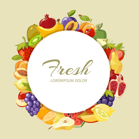 Nature food menu vector background with cartoon fruits. Frame round nutrition tropical for fruit, pomegranate and grape frame template illustrationのイラスト素材