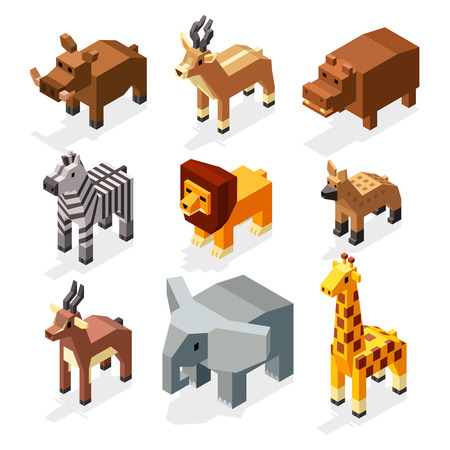 Isometric 3d african savannah animals flat vector stock. Mammal african elephant and hyena animal savannah. Creature wildlife deer animal in savannah area illustrationのイラスト素材