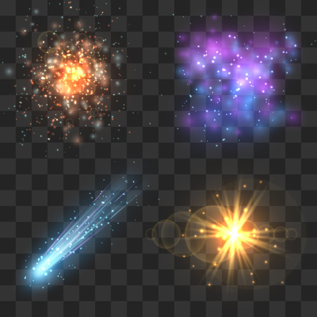 Space cosmos objects, comet, meteor, stars explosion on transparence checkered background. Universe explosion or fly star, meteor light and asteroid in universe. Vector illustrationのイラスト素材