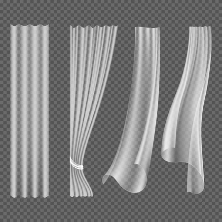 Transparent white fluttering curtains, hanging window decoration vector set. Textile curtain and curve wave drapery, curtain isolated illustrationのイラスト素材