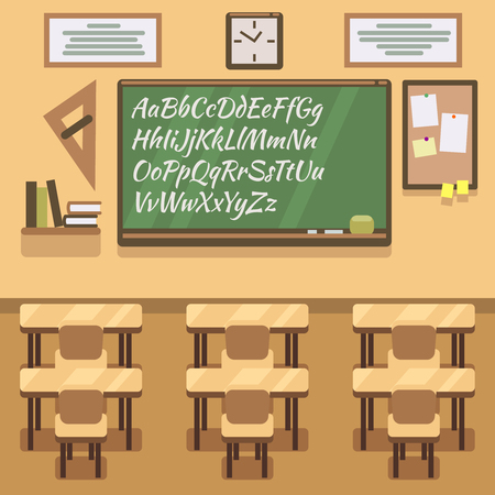 School, university, institute, college classroom with chalkboard and desk. School classroom and lesson study classroom. Vector flat illustrationのイラスト素材