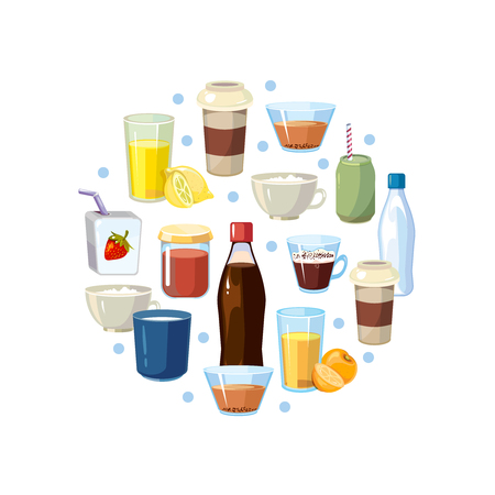 Non alcoholic drinks vector concept in circle design. Non-alcoholic beverage and illustration composition with beverage soda in bottle and tasty lemonadeのイラスト素材