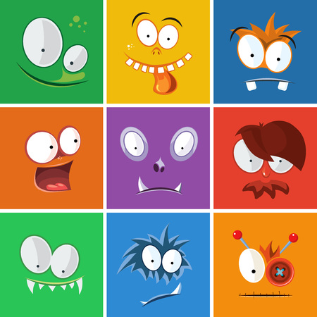 Cartoon funny faces with emotions. Monsters expression vector set. Expression icon monster and emotion funny face of character monster illustrationのイラスト素材