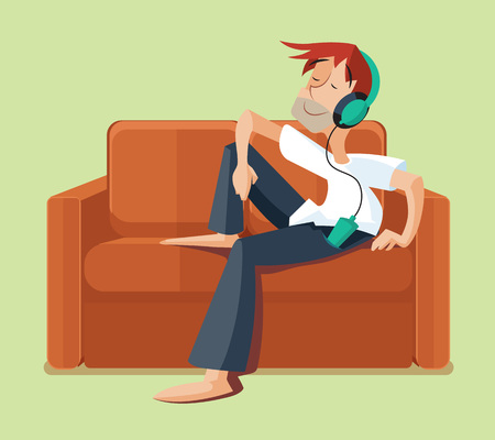 Man resting on sofa couch indoor and listening music. Listen music with headphone, resting with music on sofa. Vector illlustrationのイラスト素材