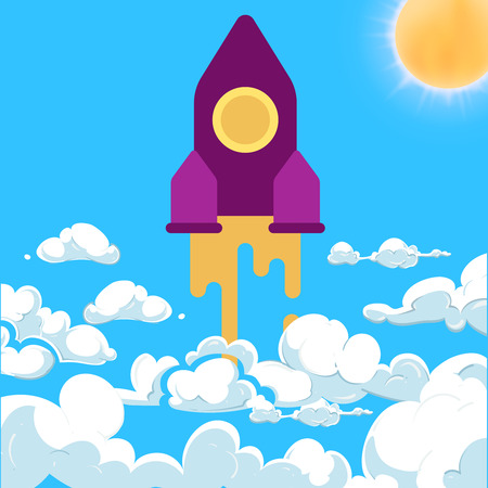 Rocket and white clouds cartoon vector. Startup success above clouds conceptのイラスト素材