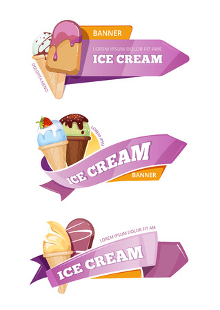 Sweet ice cream vector banners set. Ice cream in cone or on stickのイラスト素材