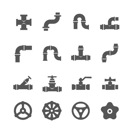 Valve, taps, pipe connectors, pipe details vector icons set. Set of pipe and tube with valve illustrationのイラスト素材