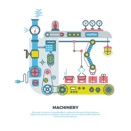 Robotic industrial abstract machine, machinery in vector flat style. Industrial machinery robot illustration and conveyor machinery technologyのイラスト素材